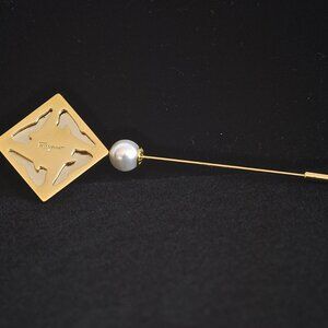 Ferragamo Gold Tone Lapel Pin Featuring A Faux Pearl & Cut-Out Shoes
